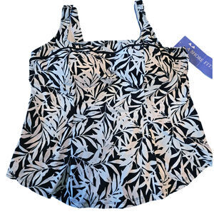 A SHORE FIT Black White Leaf Print Tankini Size 22W